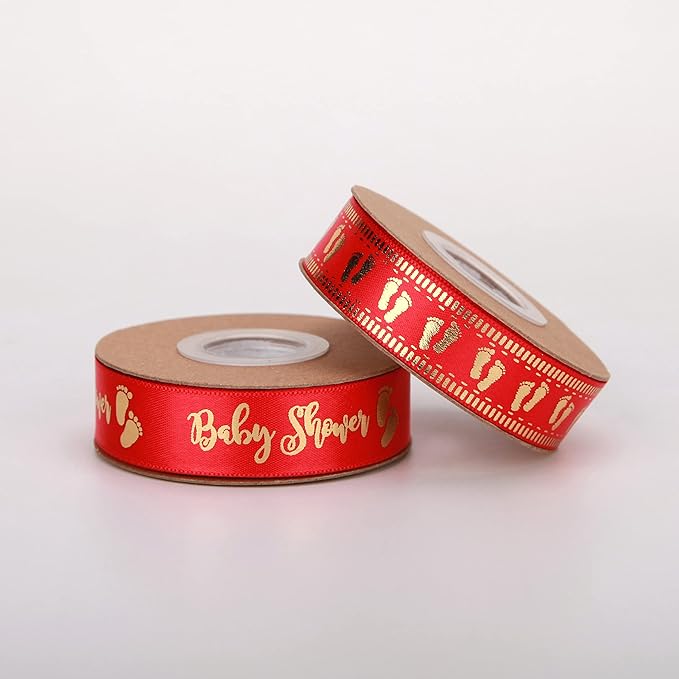 Meseey 20 Yards Baby Ribbon Foot Print Red and Gold Ribbons for Crafts Cake Baby Shower Birthday,Gift Wrapping, Party Decoration (red)
