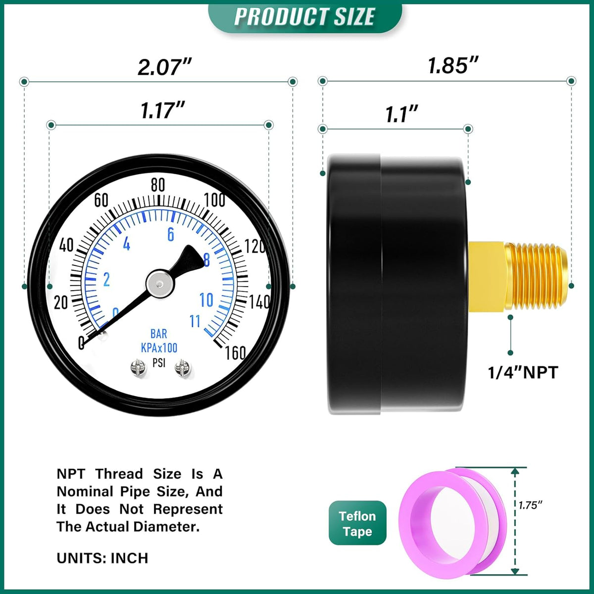 0-160psi Well Pump Pressure Gauge 1/4" NPT 2" Face Dial Size Back Mount, Multifunctional Practical Dry Pressure Gauge, for Water