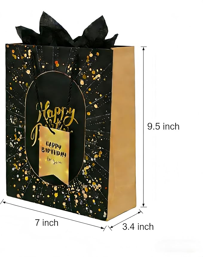 Treelement Happy Birthday 4 Pcs Assorted Designs Gift Bags Set, 7×3.4×9.5 Inch Gift Wrap Bags with Tissue Paper and Tags for Birthday Party Presents of Kids, Friends, Family