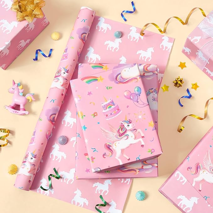 WERNNSAI Watercolor Unicorn Wrapping Paper - 1 Roll 17” x 33 ft Happy Birthday Wrapping Paper Roll Rainbow Birthday Gift Wrap for Kids Girls Princess Party Favor Unicorn Silhouette Design