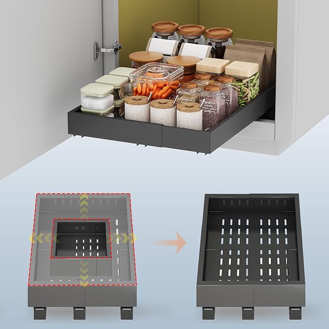 Pull out Cabinet Organizer,Expandable Width(11"-16"),Depth(17"-24") with 3 Rails,Roll out Drawers,No Drill Adjustable Slide out Shelves for Kitchen,Pantry,for Both Lip and Lip-Free Cabinets,Black(1PC)
