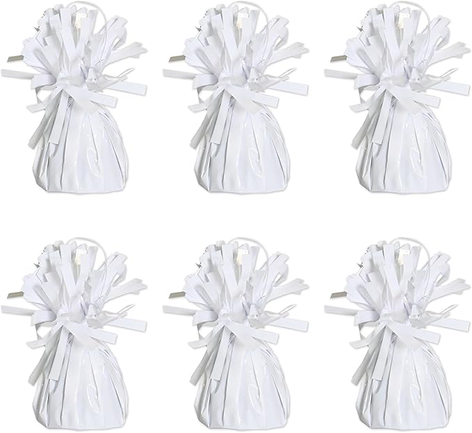 Beistle White Metallic Plastic Wrapped Balloon Weights For Birthday Parties, Weddings, Anniversaries, Table Décor, Celebrating With You Since 1900, 5.5" x 2.5", 6 Piece