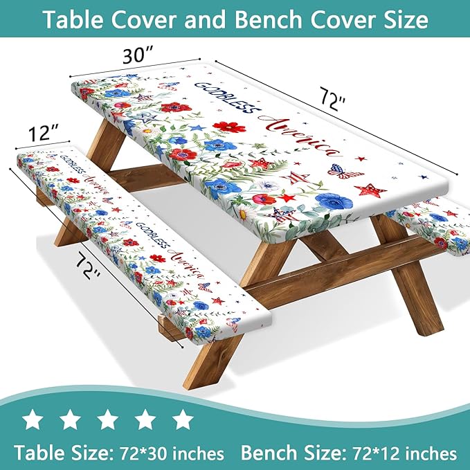 JAWO 4th of July Picnic Table Cover with Bench Covers, Red Blue Watercolor Flowers Fitted Waterproof Tablecloth with Elastic Edge, 3 PCS Set for Outdoor Camping, Independence Day Decorations,96in