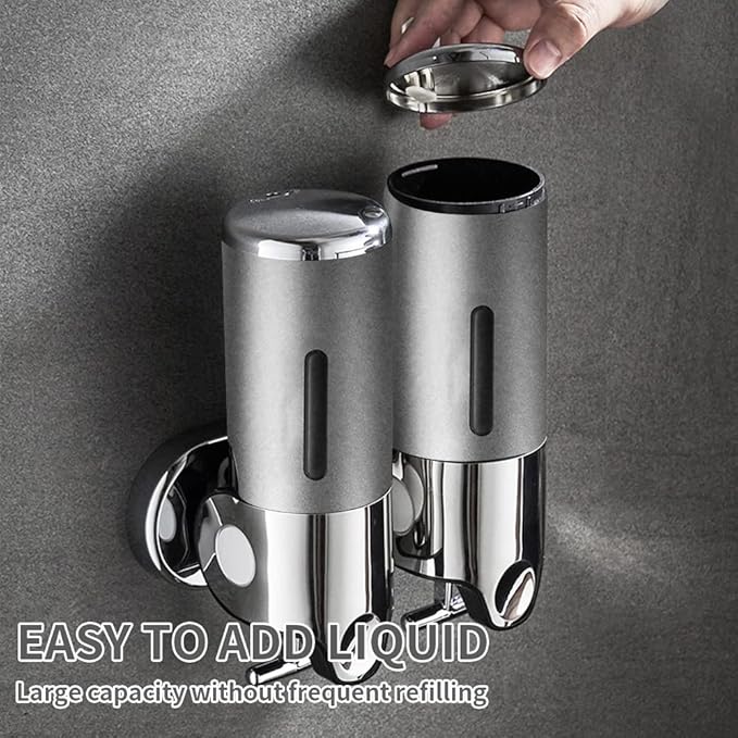 2 Chamber Wall Mounted Bathroom Shower Pump Dispenser and Organizer-Holds Shampoo, Soap, Conditioner, Shower Gel, for Bathroom Kitchen Hotel (Silver 2 Chamber)