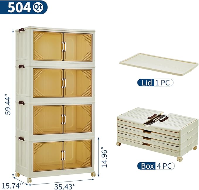 Garvee 504QT Stackable Storage Bins, Plastic Bins for Storage with Lids, Plastic Storages Drawers with Magnetic Doors & Wheels, Foldable Collapsible Closet Organizers for Home, Dorm, Office, White