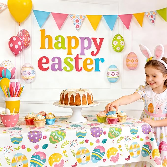 Easter Tablecloths Decorations - 2-Piece Colorful Easter Egg Tablecloths, Disposable Plastic Tablecloths, 54 inches x 108 inches, Perfect for Spring Decorations and Easter Party Supplies