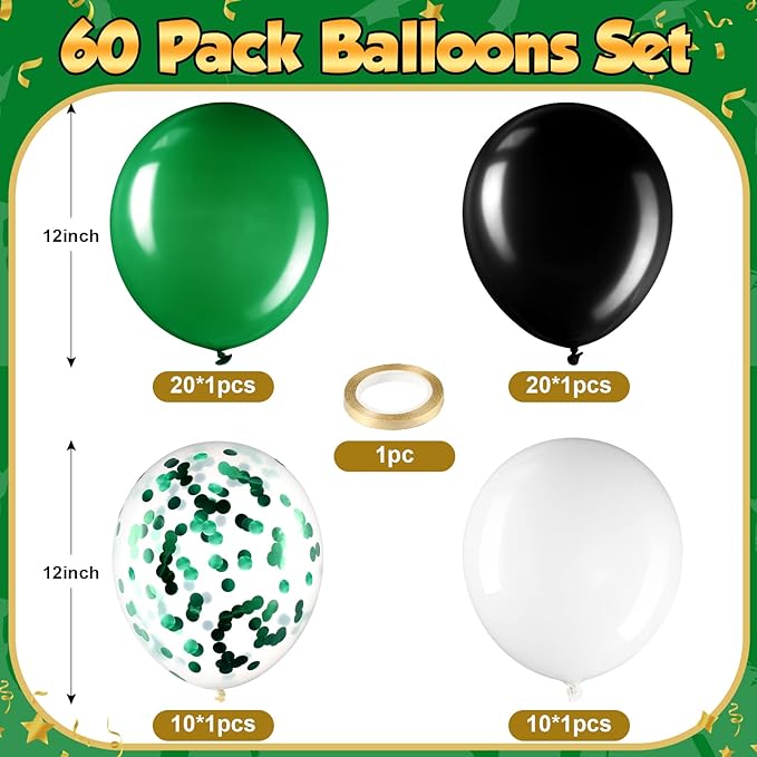 Sratte 60 Pcs 12 Inch Black Green White Balloons Kit Graduation Decorations Confetti Latex Metallic Balloons with 2 Rolls Ribbon Party Favor for Memorial Day Birthdays