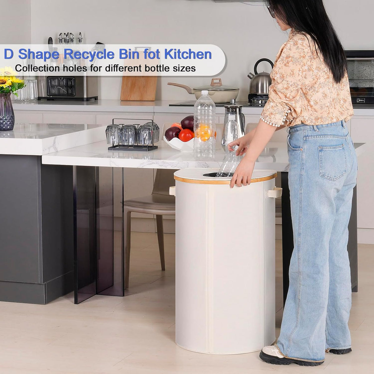 Efluky Recycling Bin 100L, 26 Gallon, Beige, D-Shaped, Oxford Fabric, 17.32"L x 12.9"W x 11.46"H, 2 Removable Inner Bags, Lightweight, Open-Top, Cycling, Kitchen
