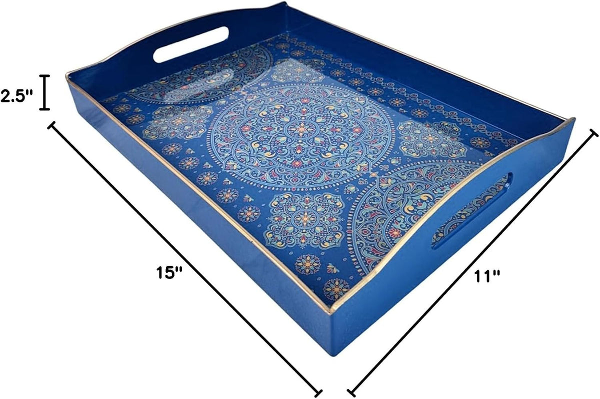 Boho Blue Decorative Tray, Serving Tray with Handles, Plastic Tray for Coffee Table, Ottoman - Ideal for Living Room &amp; Bathroom. 15” x 11” x 2.5”