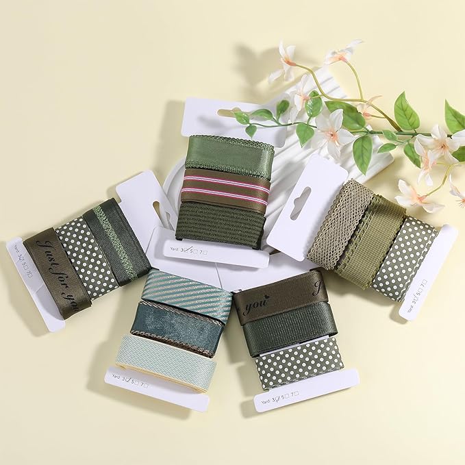 BEEFLYING 3 Styles Olive Green Wire Edged Ribbons for Gift Wrapping Decoration 25~28mm×2.7m Spot Ribbons Satin Ribbons for Wedding Party Decoration Hair Bows Flower Designs Sewing and Craft, 9 Yards
