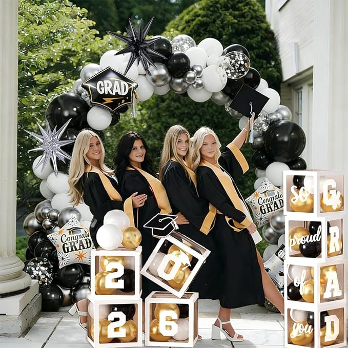 131Pcs Prom Balloon Arch Kit, Black White Silver Confetti Balloons with Explosion Star Graduation Cap Foil Balloons for Class of 2026 Congrats Graduation Prom Birthday Party Decorations