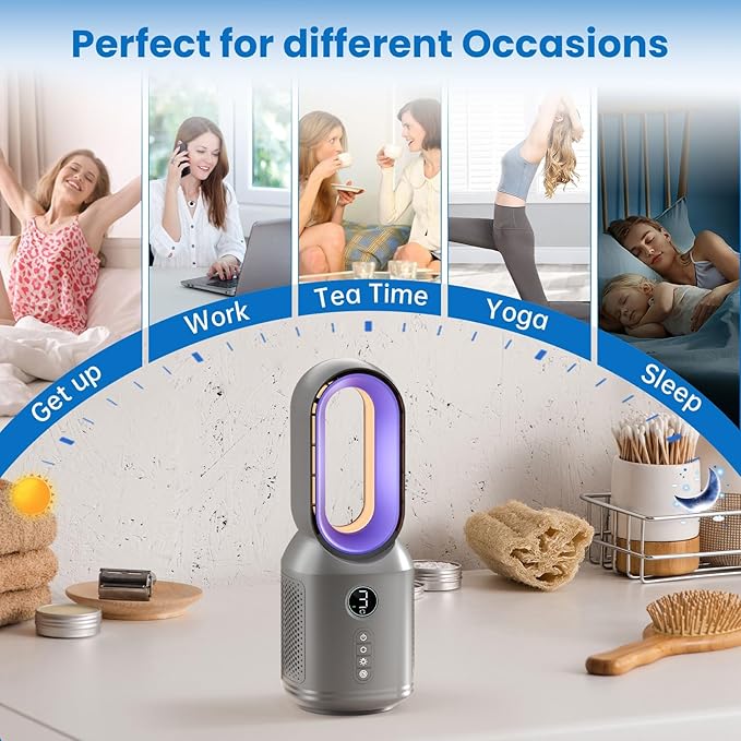 Bladeless Desk Fan, 13 Inch Quiet Oscillating with 106° Rotation, Battery Operated Portable Table Fan, 3 Speeds & Night Light, LED Display, Button Control, Personal Fan for Bedroom Office Nightstand
