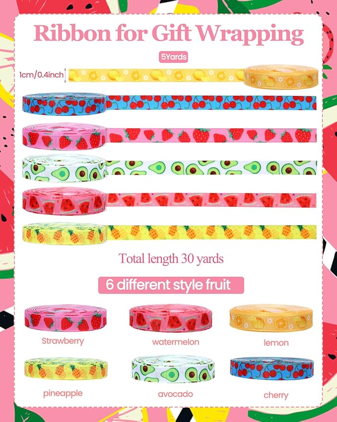 6 Rolls 30 Yards Fruit Themed Ribbon 2/5inch Strawberry Pineapple Watermelon Grosgrain Ribbon for Spring Summer Wreaths, Trims, Gift Wrapping (Fruit)