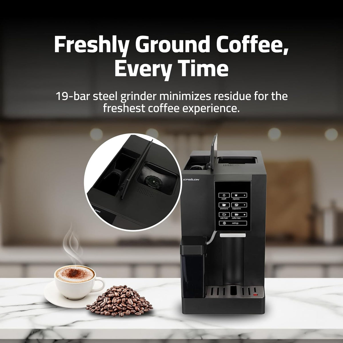Epsilon Fully Automatic Coffee Machine with Grinder, Coffee & Espresso Maker Combo, Built-In Milk Frother, One Touch Self Cleaning