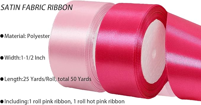 2 Rolls Pink Hot Pink Ribbon, 1-1/2 Inch x 50 Yards Satin Pink Fabric Ribbon for Flower Bouquets, Gift Wrapping, DIY Crafts, Birthday Cakes, Holiday, Wedding Party and Mother’s Day Decorations