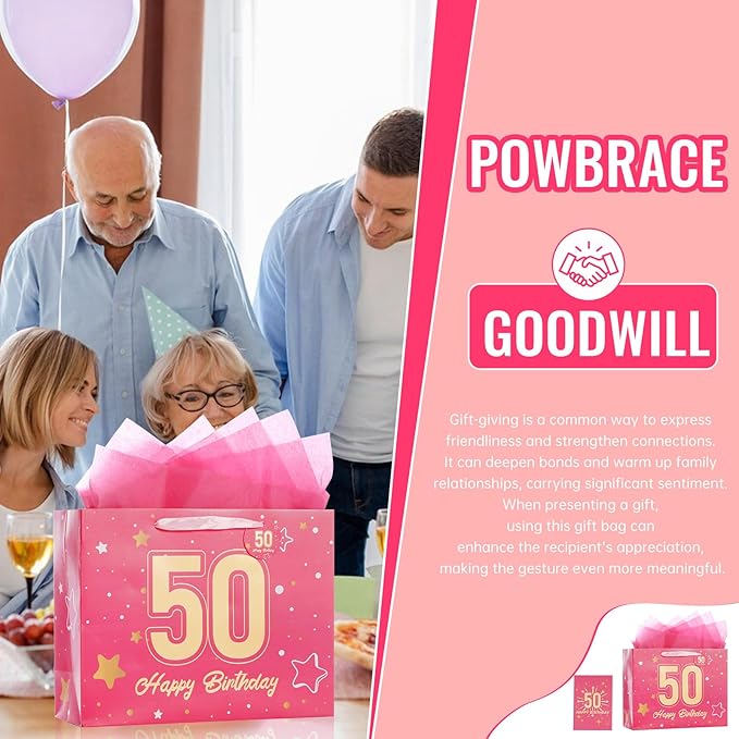 Powbrace 13" Pink 50th Birthday Gift Bag with Tissue Paper and Greeting Card for Party,Happy Birthday Gift Bag for Men Women,Gift Bags Medium size(1 Pink 50th)
