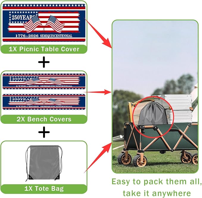 250th Anniversary America Flag Picnic Table Cover with Bench Covers Camping Essentials 250 USA Flag 1776-2026 Waterproof Fitted Camping Tablecloth Cover with Elastic Edge for Outdoor 3 PCS 30x96 Inch
