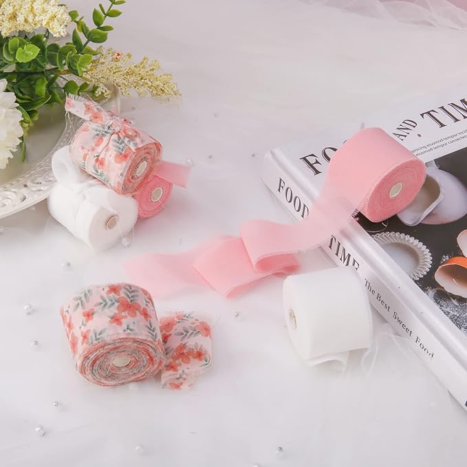 Handmade Fringe Floral Silk Chiffon Ribbons 1.5" x 7 Yards, 3 Rolls 21 Yards Pink Floral Ribbons Set for Wedding Invitations, Bridal Bouquets, Gifts Wrapping, DIY Crafts Decoration