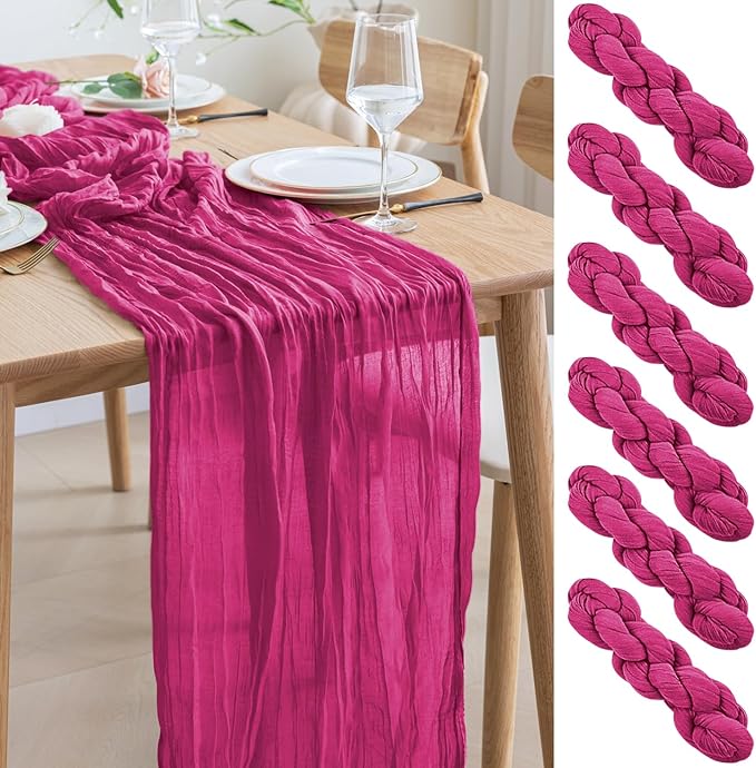 Asee'm 6pcs Cheesecloth Table Runner 120 Inches Long Fuchsia Boho Gauze Cheese Cloth Runner 10FT Rustic Sheer Table Runners for Christmas Wedding Party Baby Shower Spring Easter Decoration