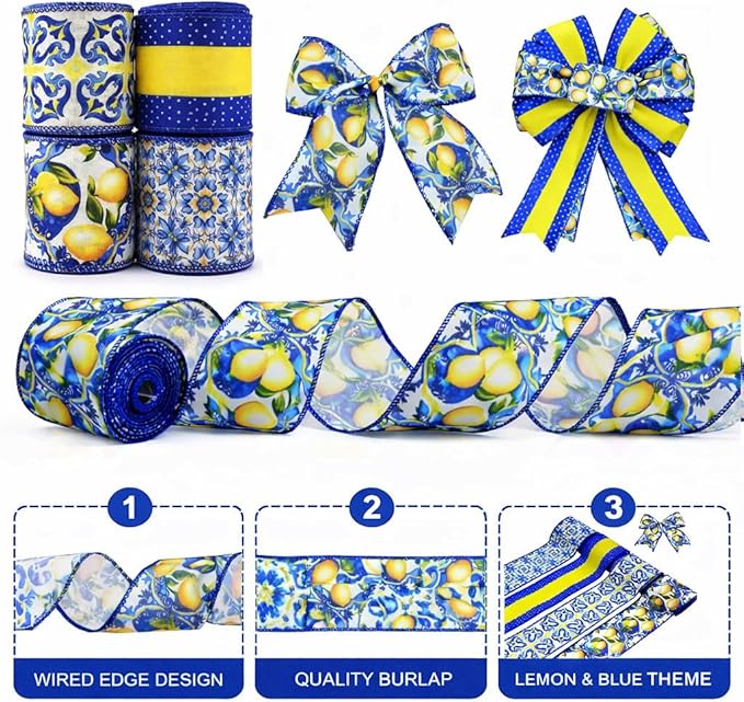 4 Rolls Lemon Wired Edge Ribbon, 2.5 Inch x 20 Yards Summer Yellow Lemon Print Grosgrain Ribbon for Wreath Bow Making, Gift Wrapping, DIY Crafts, Baby Shower, Party Decorations (Blue Lemon)
