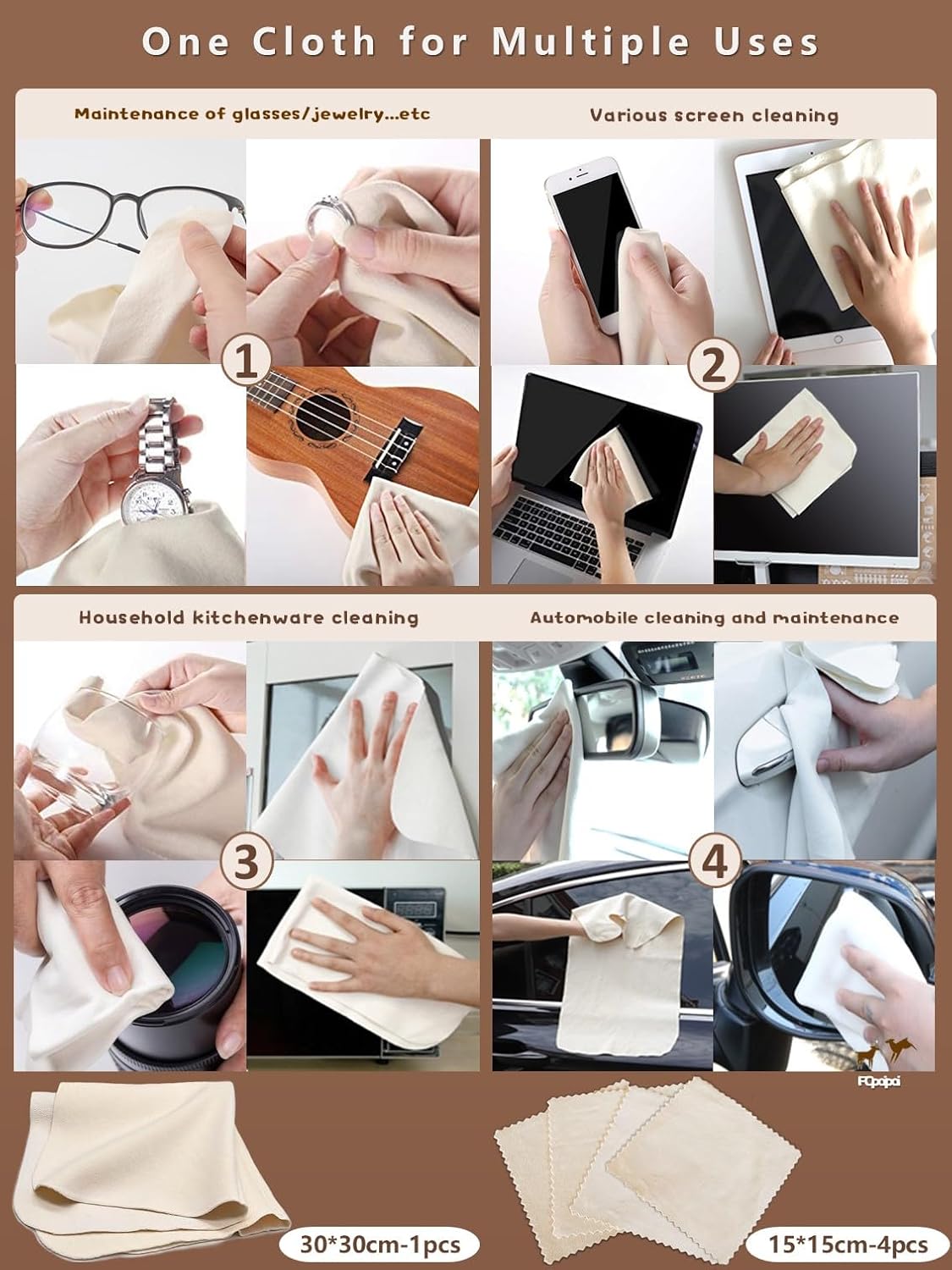Eyeglass Cleaning Cloth Natural Chamois Leather Camera Lens Cleaning Cloths，Premium Cloth，Safe and Effective Cleans Lenses, Glasses, Screens, Cameras- Scratch-Free, Reusable & Soft (Large-12”x12”)