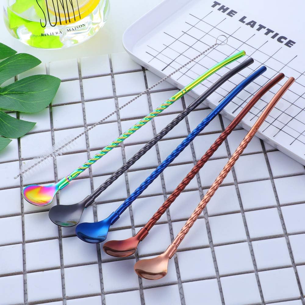 10 pcs Metal Straw Spoons with 2 Cleaning Brushes, Reusable Drinking Spoon Straws for Iced coffee, Iced tea, Milkshake, Cocktail