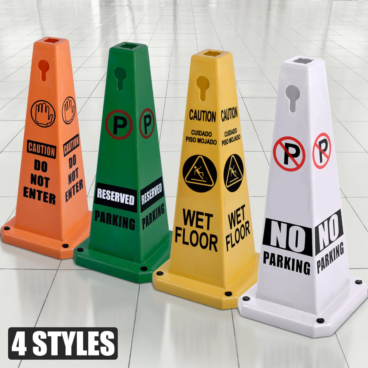 Plastic Traffic Cones, 4-Sided Message Cones, Road Safety Parking Cones, Standing Traffic Warning Signs for Cleaning Area, Garage, No Entry (8, Reserved Parking, Large)