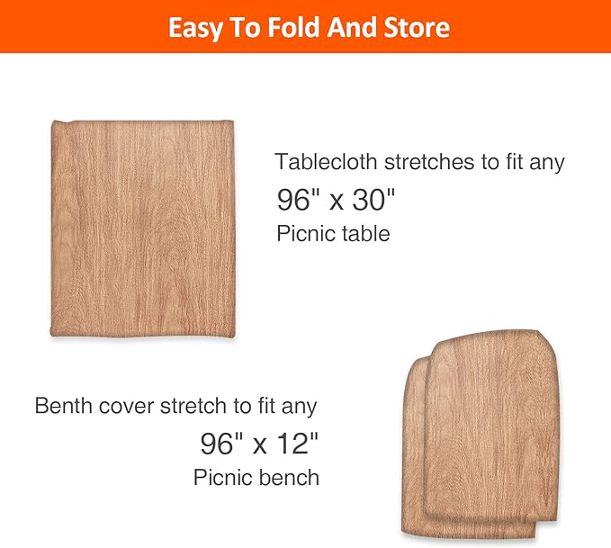 8ft Picnic Table and Bench Cover, Camping Essentials RV Gear, 96 in Waterproof Windproof Outdoor Elastic All Around Tablecloth, Fitted Rectangle Tables and Seats, Wood Grain