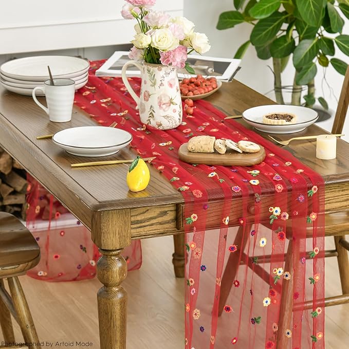 Artoid Mode 3PCS Red Embroidery Daisy Gauze Table Runner 120 Inch 10FT, Seasonal Sheer Dining Holiday Wedding Birthday Table Decor for Home Party