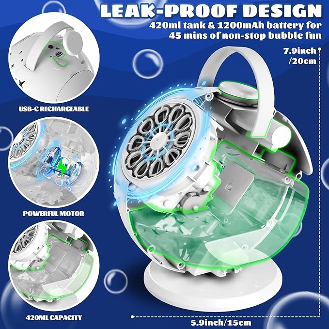 Rechargeable Bubble Machine - Auto 90°/360° Rotation, Remote Control and 7 Colors RGB LED Light, Bubbles Maker Toys for Kids, Bubbles for Wedding Parties, Easter Birthday and Xmas Gift for Boys Girls