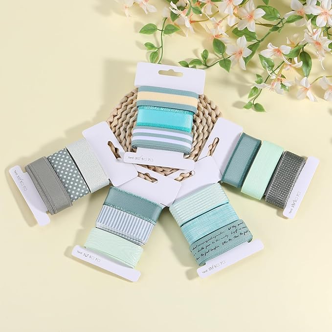 BEEFLYING 3 Styles Green Wire Edged Ribbons for Gift Wrapping Decoration 25~28mm×2.7m Stripe Satin Ribbons for Wedding Party Decoration Hair Bows Flower Designs Sewing and Craft, 9 Yards