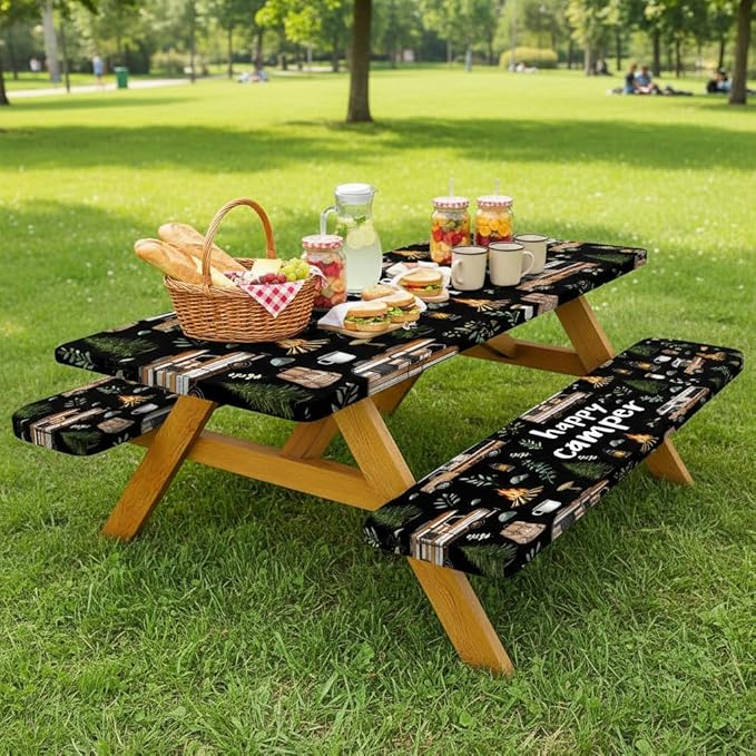 JAWO Picnic Table Cover with Bench Covers, Happy Camper Tablecloth,RV Plants Bonfire Black Rectangle Tablecloth for Indoor Outdoor Patio, 96x30 Inch