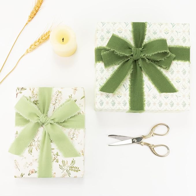 Green Cotton Ribbon 1 Inch Sage, Moss & Ivory 3 Rolls 21 Yards Frayed Edge Fabric Set for Boho Rustic Wedding Invitations, Bridal Bouquets, Gift Wrapping, DIY Crafts, Spring Home Decor