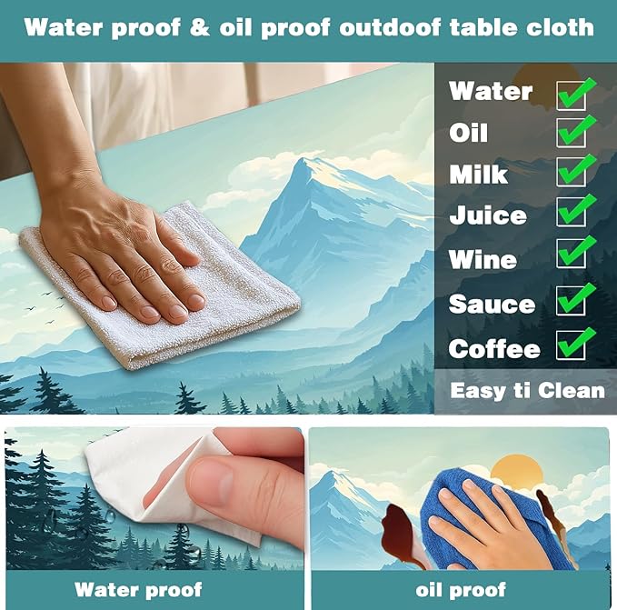 Picnic Table Cover with Bench Covers and Bag, Forest Mountain Sunset Camping Tablecloth, Waterproof Windproof Oilproof Elastic Edges Fitted Tables Cover for Indoor Outdoor 3PCS 30x60 Inch (Green)