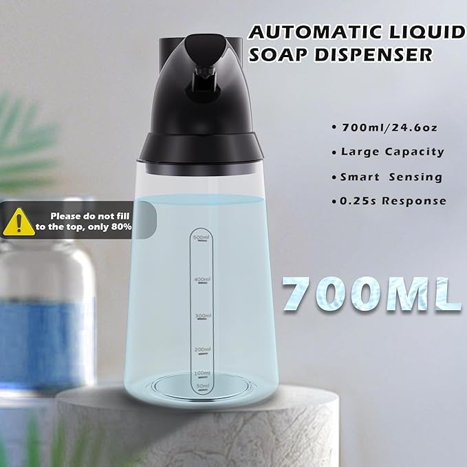 Automatic Liquid Soap Dispenser Touchless,Black 4-Level Adjustable Modern Type-C Rechargeable Electric Sensor Soap Dispenser,Hand Sanitizer Dispenser for Kitchen(23.7oz/700ml)