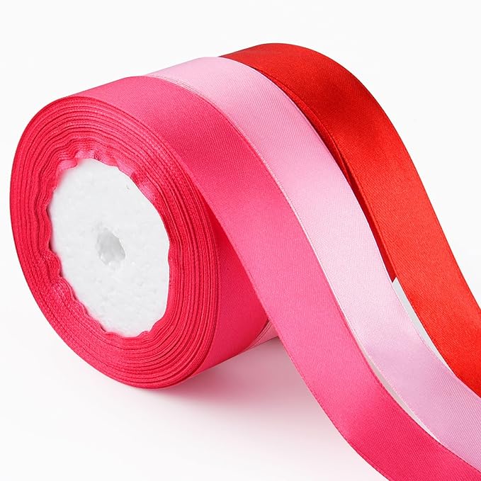 ASTARON Satin Ribbon for Crafts - 1 Inch, Red Pink Solid Color Ribbon Fabric for Gift Wrapping, Bouquets, DIY Hair Bows, Valentine's Decorations