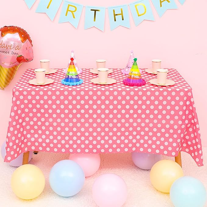 ZJDHPTY 3Pack Plastic Table Cloth Disposable for Rectangle Tables, Pink Polka Dot Table Cloths for Baby Shower Bridal Shower Mouse Birthday Party Decorations Size 54x108 Inch (Pink+White dots)