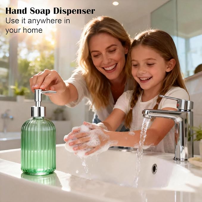 Green Glass Soap Dispenser: 400ml 13.5Oz Refillable Hand Soap Dispenser with Pump for Kitchen Bathroom Shower, Decorative Modern Liquid Soap Dispenser for Dish, Hand Soap, Body Wash, Lotion