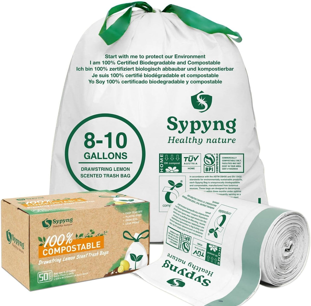 Compostable Kitchen Trash Bags 8-10 Gallon (50-Pack) – Heavy-Duty 1.1 Mil, 100% Biodegradable, ASTM D6400, BPI & OK Compost HOME Certified, Eco-Friendly, Leakproof & Odor Control