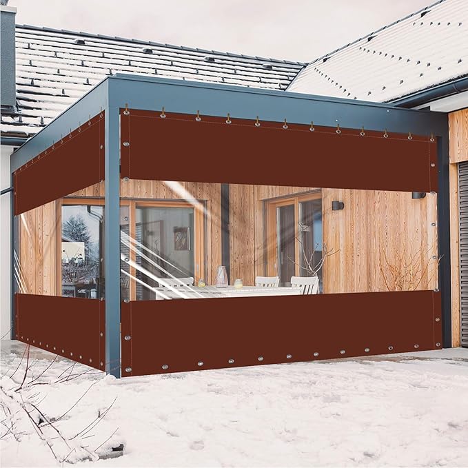 20 Oz Outdoor Vinyl Curtain, Outdoor Clear Panel Curtain, Weather Resistant Outdoor Curtain for Pergola, Porch, Gazebos, with Rustproof Grommets (8'H x 10'W, Brown)