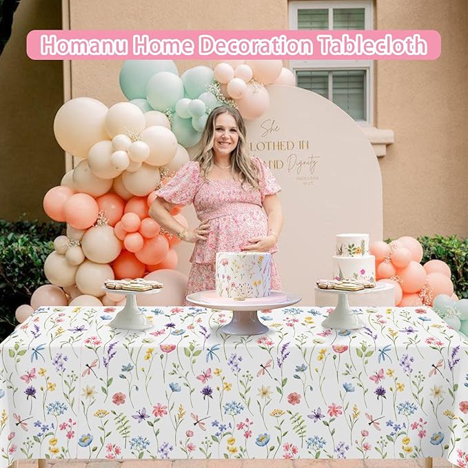 Homanu 6 Pack Wildflower Party Decorations Tablecloths, Large Size 54 X 108 Inch Rectangle Floral Tablecloth Plastic Table Cover for Birthday Party Baby Shower Decorations