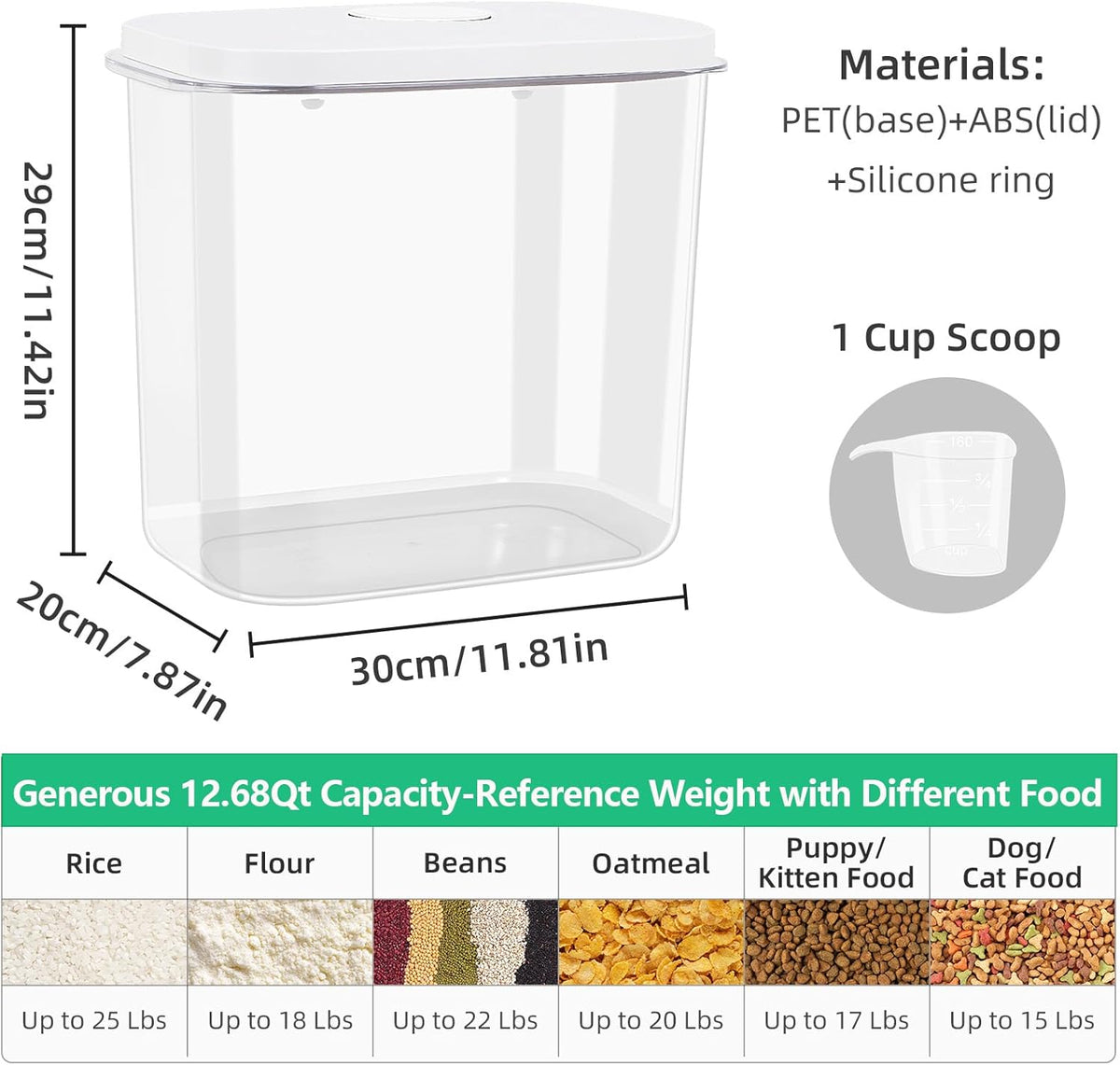 Airtight Rice Container 25 Lbs with Handle and Cup – 12.68Qt Large Flour Sugar Storage Container with Pop Up Seal & Hanging Lid Hooks