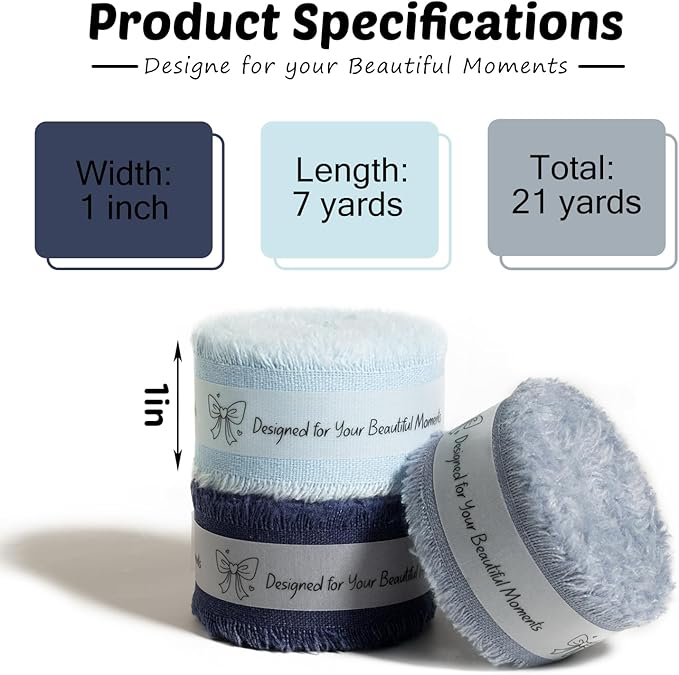 Dark Blue Cotton Ribbon 1 Inch Navy Blue, Dusty Blue & Baby Blue 3 Rolls 21 Yards Frayed Edge Fabric Set for Formal Wedding Decor, Graduation Party, Father's Day, Gift Wrapping & DIY Crafts