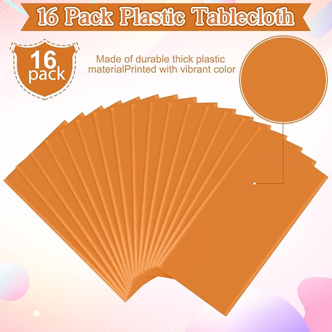 16 Pack Orange Plastic Tablecloth for Rectangle Tables, Premium Decorative Orange Disposable Table Cloths for Parties, Rectangle Party Table Cover for Birthday Fall Thanksgiving Graduation, 54x108Inch