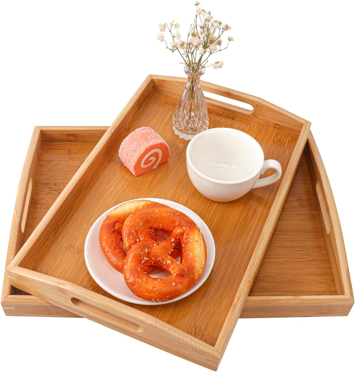 3 PCS Bamboo Serving Tray, 3 Size Nested Breakfast Bed Tray with Handle, Wood Serving Tray for Serving, Breakfast Bed Trays for Eating, Decor