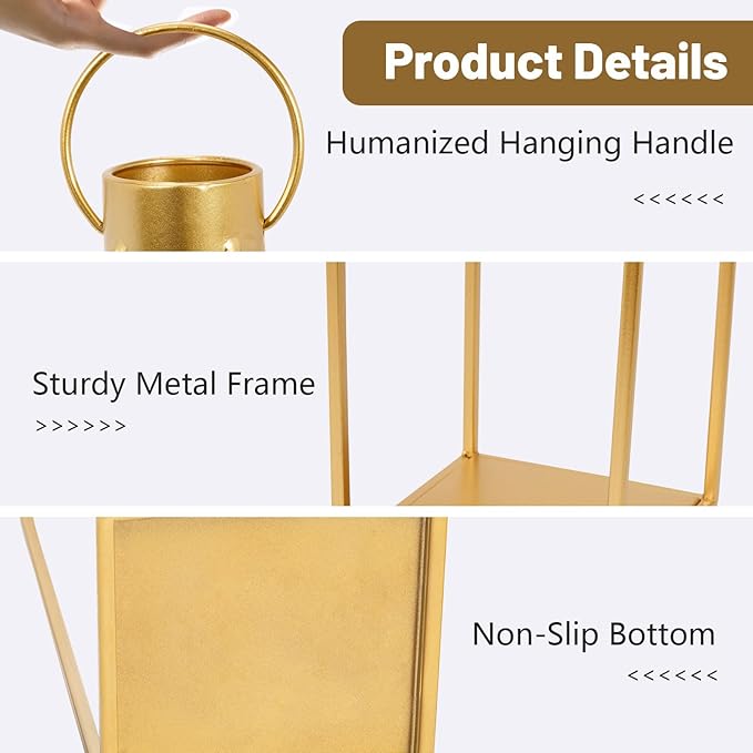 HPC Decor Modern Farmhouse Lantern Decor - 2PCS Gold Metal Candle Lanterns with Waterproof Flickering Candle & Remote Timer, Lanterns Decorative for Living Room, Home, Indoor, Outdoor, Table Decor.