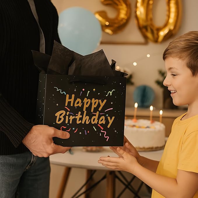 Febbleshow Black Birthday Gift Bags with Tissue Paper - Matte Finish with Gold Foil Lettering and Confetti Design - Birthday Party Gift Bag for Men Women Kids - 13"x10.3"x4.7" (Pack of 2)