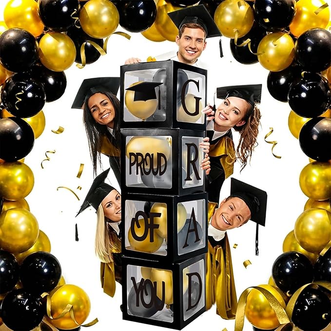 Graduation Decorations 2026,4 Pcs Transparent Balloon Boxes with Letters of GRAD,PROUD OF YOU,Class of 2026 and 130pcs Black and Gold Balloons Arch Kit for High School College 2026 Grad Party Supplies
