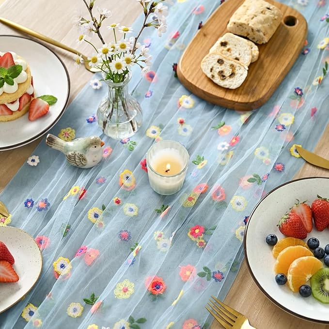 Artoid Mode Blue Embroidery Daisy Spring Gauze Table Runner 59x120 Inch 10FT, Seasonal Sheer Kitchen Dining Holiday Wedding Birthday Table Decor for Home Party