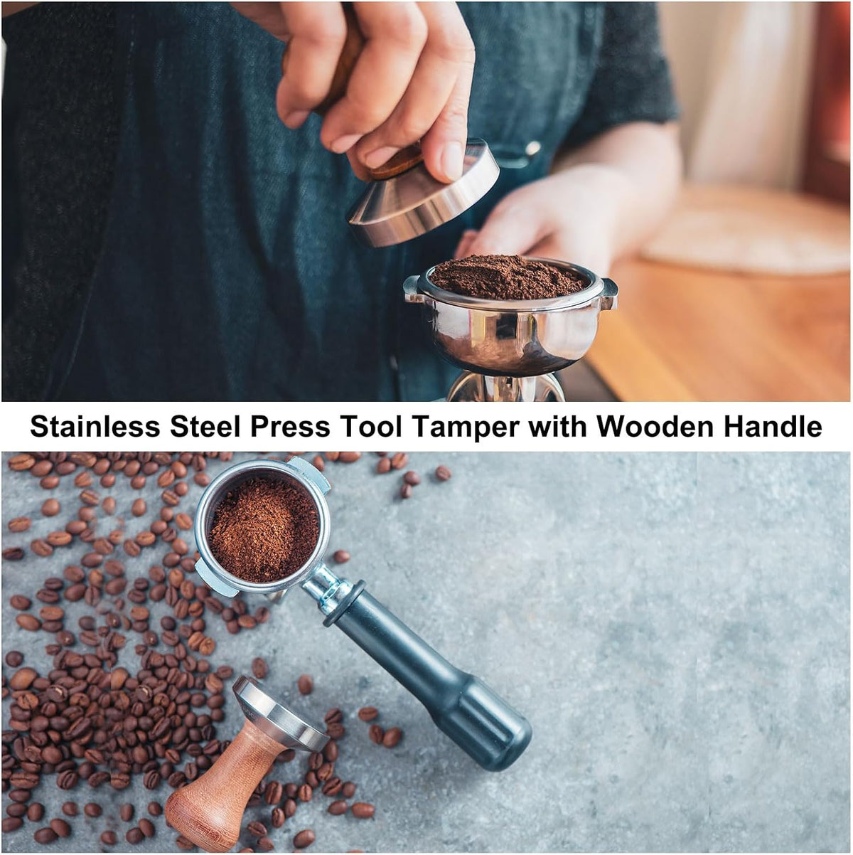 uxcell 51mm Espresso Tamper, Stainless Steel Press Tool Tamper with Wooden Handle, Espresso Accessories for Baristas, Home, Shops, Cafe (Flat Base